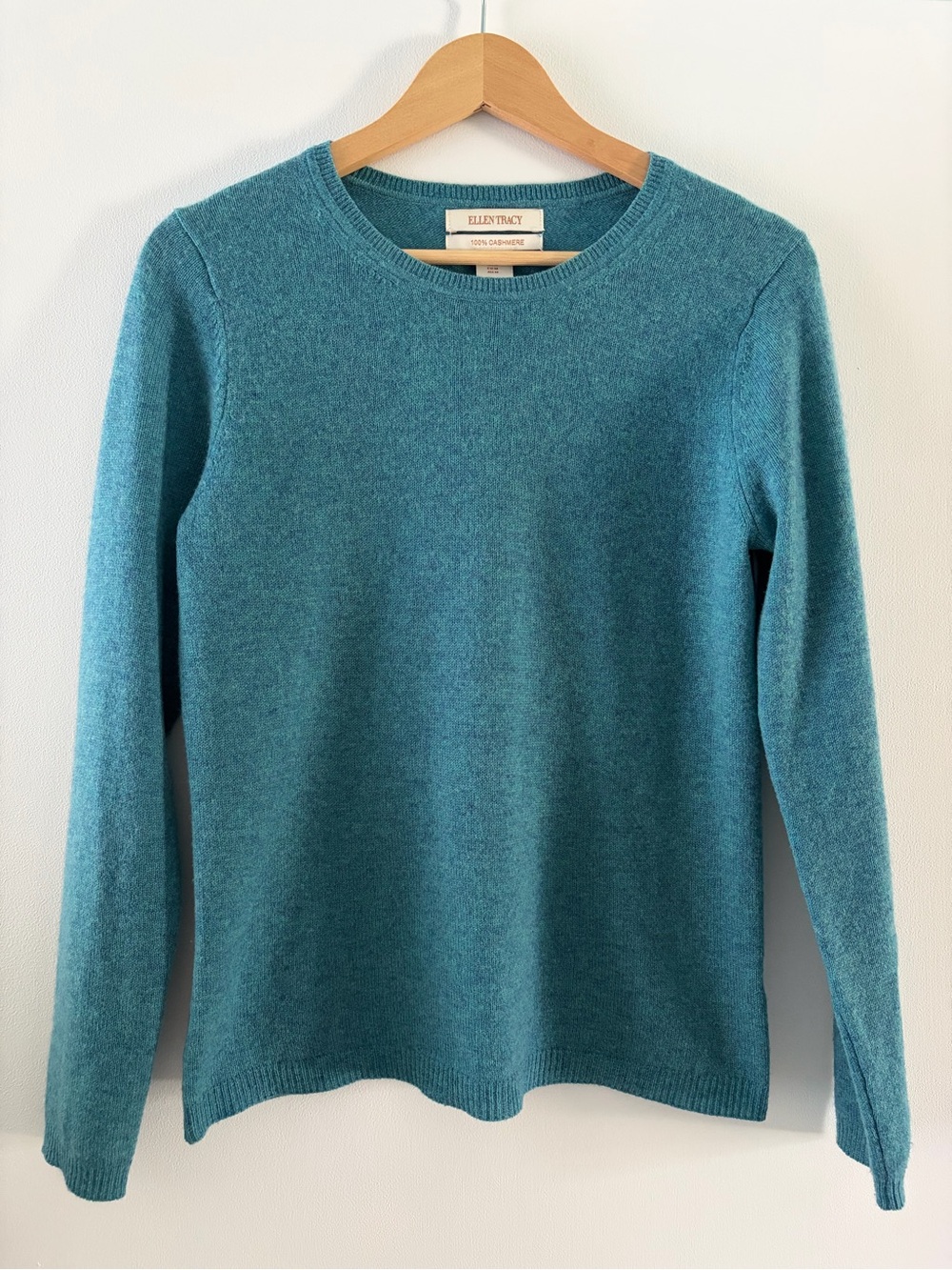 Ellen Tracy M Teal Blue 100% Cashmere Crew Neck Pullover Sweater Long Sleeves